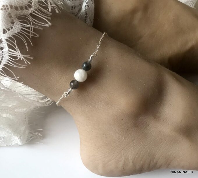 N5950f Chaine pour cheville Argent Pierre de lune et Labradorite - Bijoux de pieds en ligne Ninanina