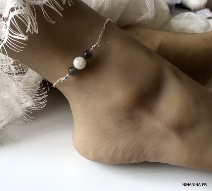 N5950h Chaine pour cheville Argent Pierre de lune et Labradorite - Bijoux de pieds en ligne Ninanina