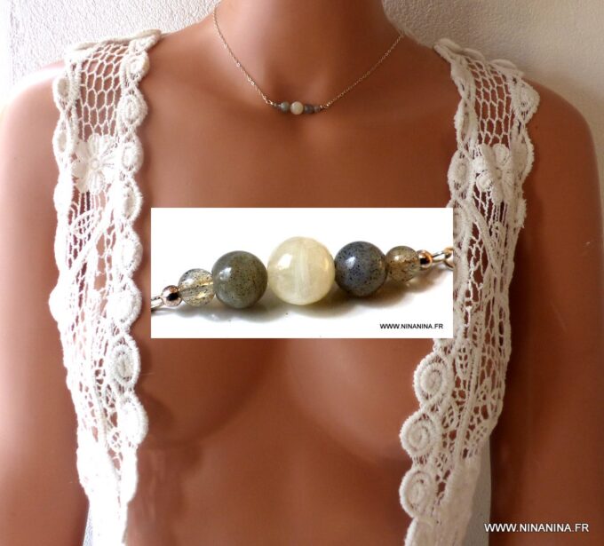 N5952 Collier Chaine pierres fines pierre de lune et labradorite argent massif - Bijoux Colliers en ligne Ninanina