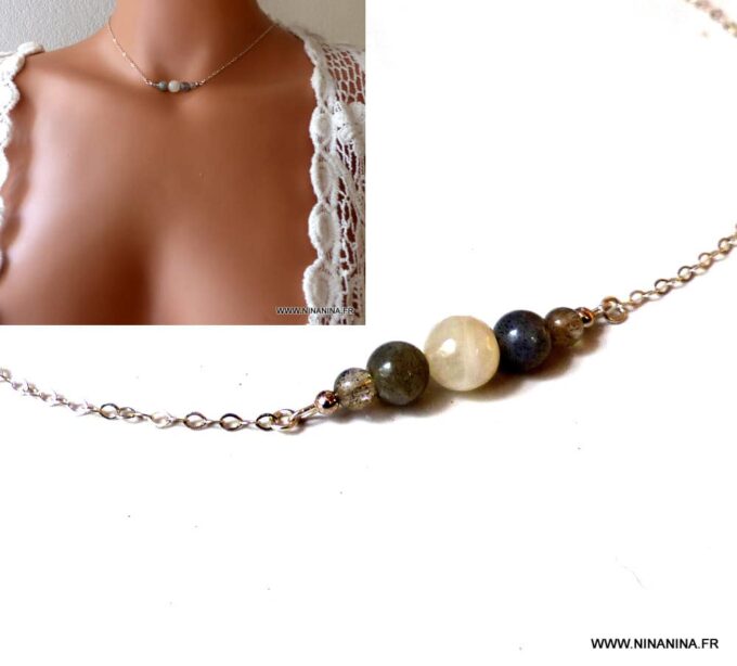 N5952a Collier Chaine pierres fines pierre de lune et labradorite argent massif - Bijoux Colliers en ligne Ninanina