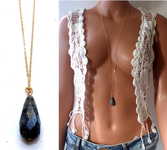 N5953 Collier Chaine pierres fines pendentif à facettes labradorite plaqué or - Bijoux Colliers en ligne Ninanina