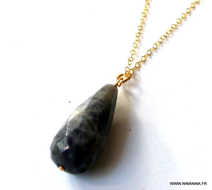 N5953a Collier Chaine pierres fines pendentif à facettes labradorite plaqué or - Bijoux Colliers en ligne Ninanina