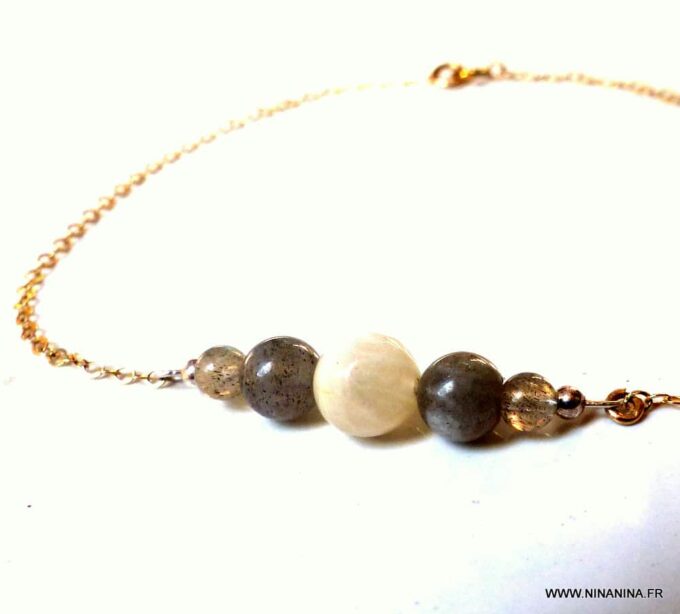 N5954a Chaine de cheville pierres fines labradorite et pierre de lune plaqué or - Bijoux Chaines en ligne Ninanina