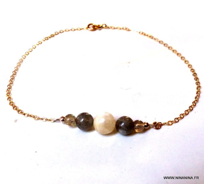 N5954c Chaine de cheville pierres fines labradorite et pierre de lune plaqué or - Bijoux Chaines en ligne Ninanina
