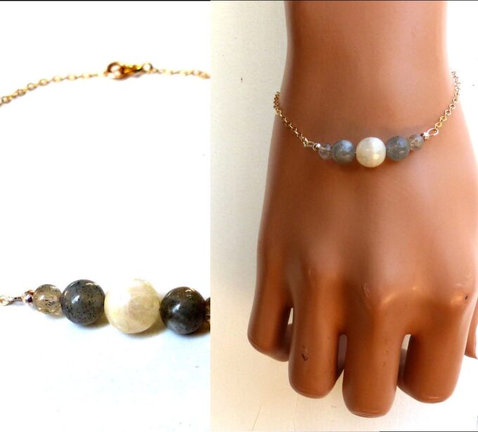 N5955 Bracelet Chaine pierres fines labradorite et pierre de lune plaqué or - Bijoux Bracelets en ligne Ninanina