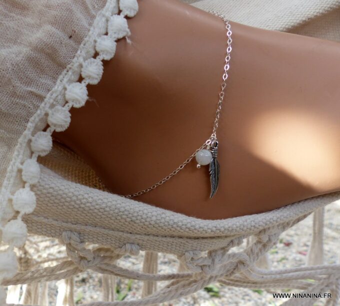 N5957b Chaine de cheville pierres fines pierre de lune argent 925 massif - Bijoux Chaines en ligne Ninanina