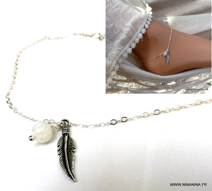 N5957c Chaine de cheville pierres fines pierre de lune argent 925 massif - Bijoux Chaines en ligne Ninanina