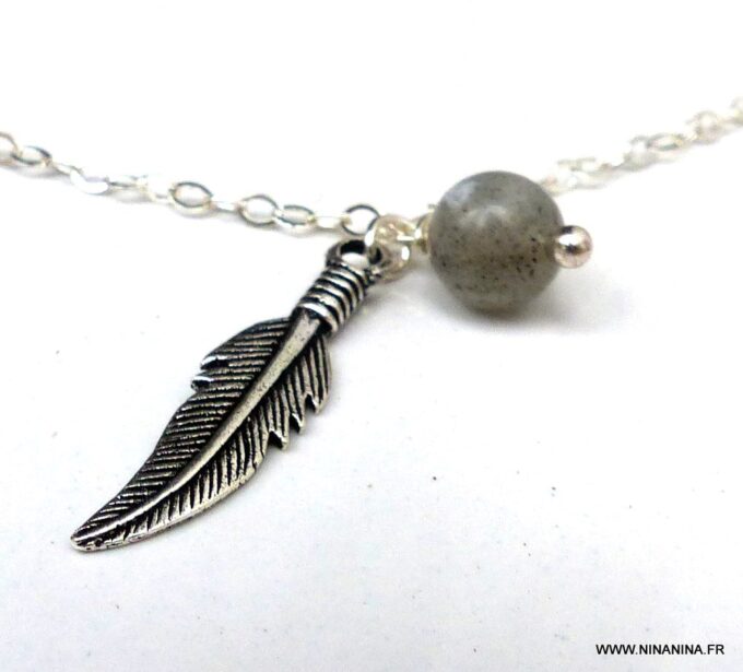 N5958a Chaine de taille pierres fines perle labradorite plume argent 925 massif - Bijoux Chaines en ligne Ninanina