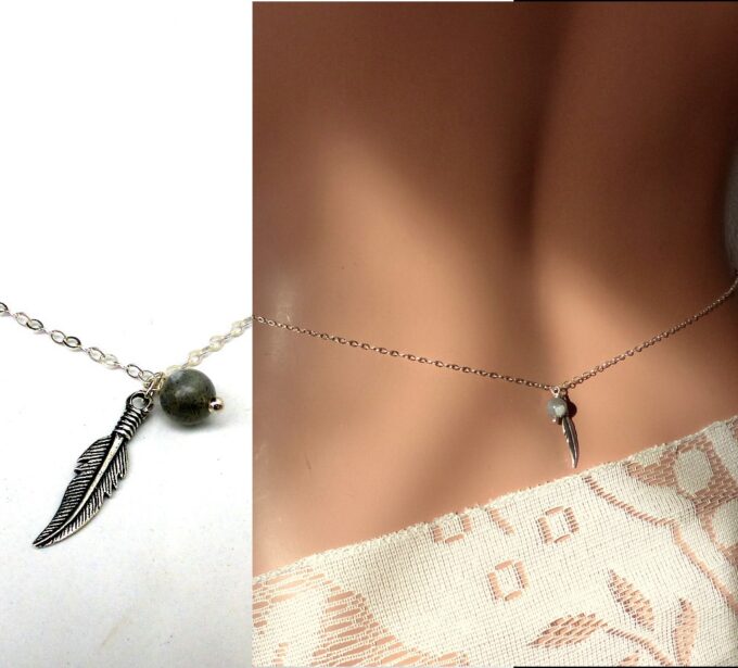 N5958b Chaine de taille pierres fines perle labradorite plume argent 925 massif - Bijoux Chaines en ligne Ninanina