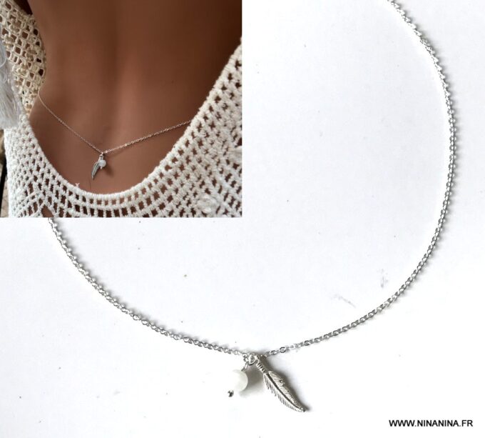 N5959b Chaine de taille symbole plume Argent pierre de lune - Bijoux Chaines en ligne Ninanina