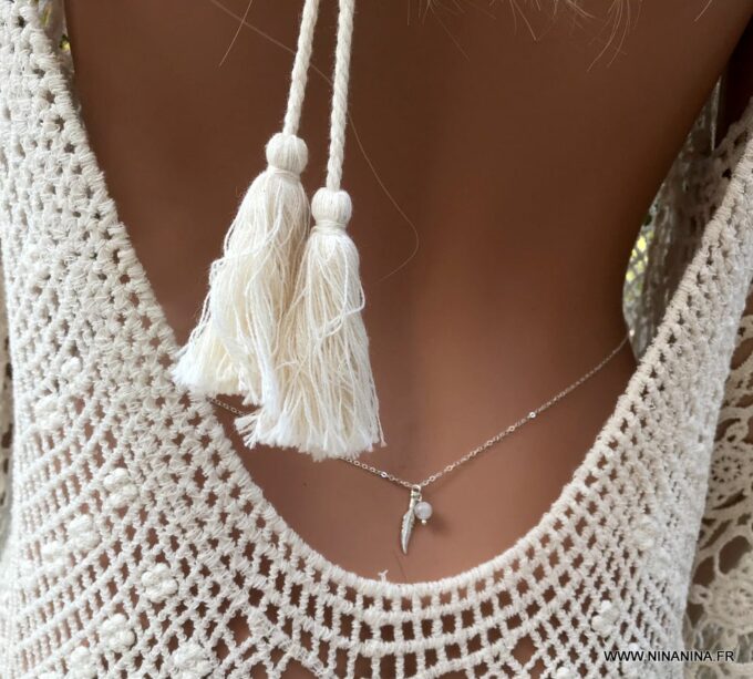 N5959d Chaine de taille symbole plume Argent pierre de lune - Bijoux Chaines en ligne Ninanina