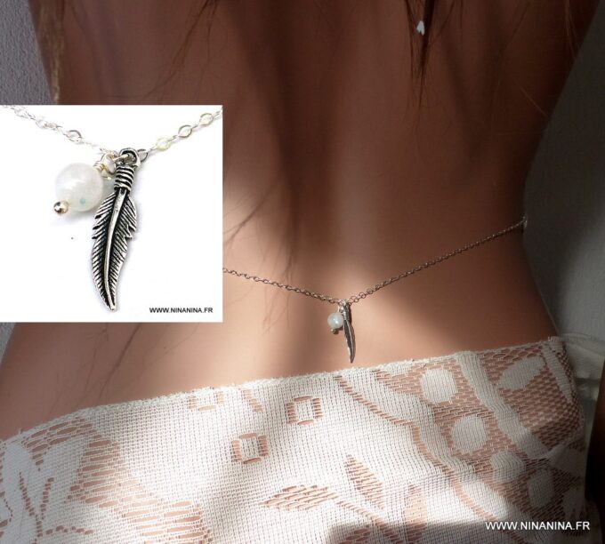 N5959f Chaine de taille pierres fines pierre de lune plume argent 925 massif - Bijoux Chaines en ligne Ninanina
