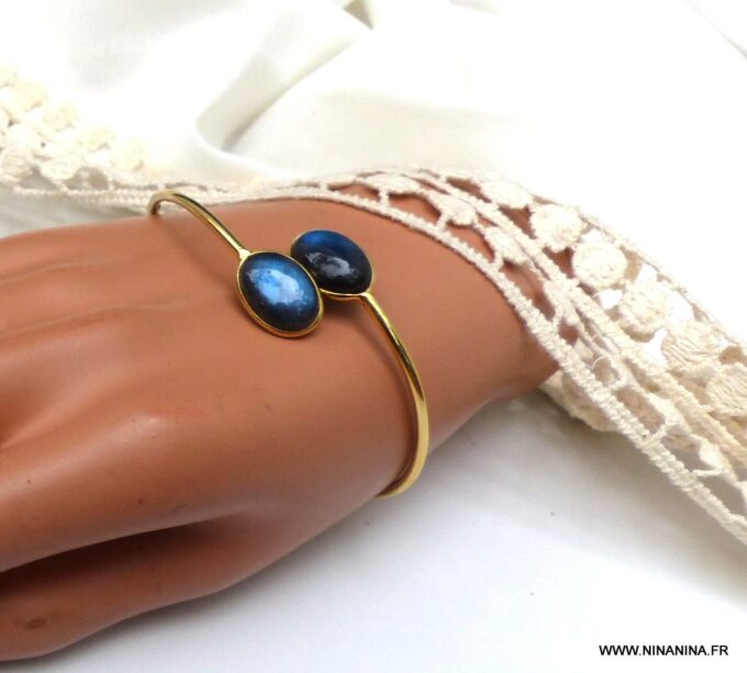 N5968d Bracelet jonc cabochon ovale labradorite argent 925 massif - Bijoux Bracelets en ligne Ninanina