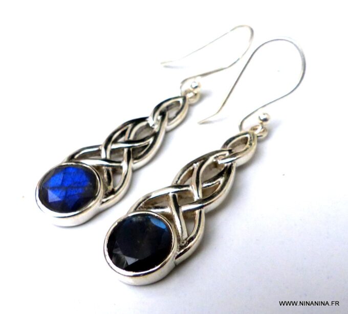 N5969a Boucles d'oreilles cabochon pierres fines labradorite argent 925 massif - Bijoux Boucles en ligne Ninanina