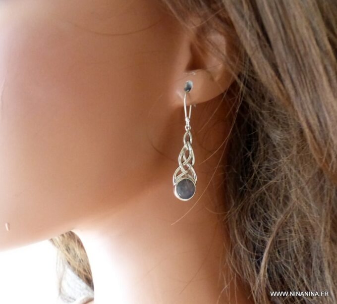 N5969h Boucles d'oreilles cabochon pierres fines labradorite argent 925 massif - Bijoux Boucles en ligne Ninanina