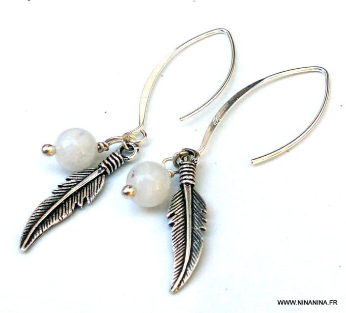N5985 Boucles créoles pierres fines plumes argent massif - Boucles d'oreilles créoles en ligne Ninanina