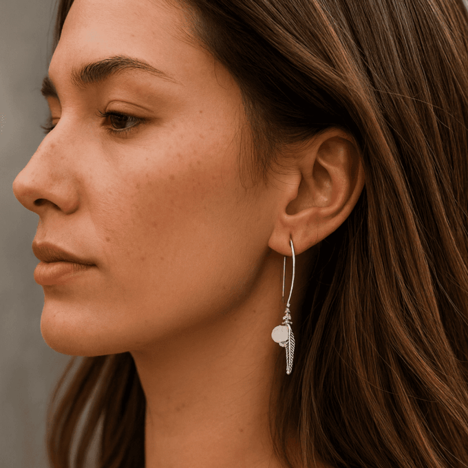 N5985a Boucles d'oreilles pierre de lune véritable et pendentif plume Argent 925 artisanales - Bijoux d'oreille en ligne Ninanina