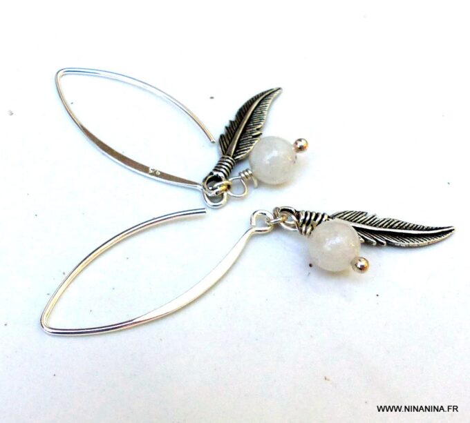 N5985d Boucles créoles pierres fines plumes argent massif - Boucles d'oreilles créoles en ligne Ninanina