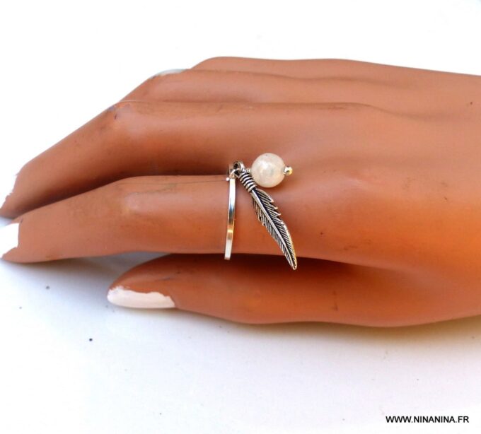 N5986b Bague réglable pierres fines pierre de lune plumes argent 925 massif - Bijoux Bagues en ligne ninanina