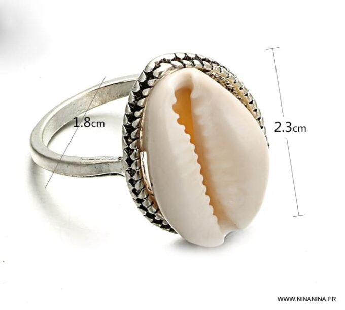 N5988 Bague bohème coquillage cauri métal argenté - Bijoux Bagues en ligne ninanina