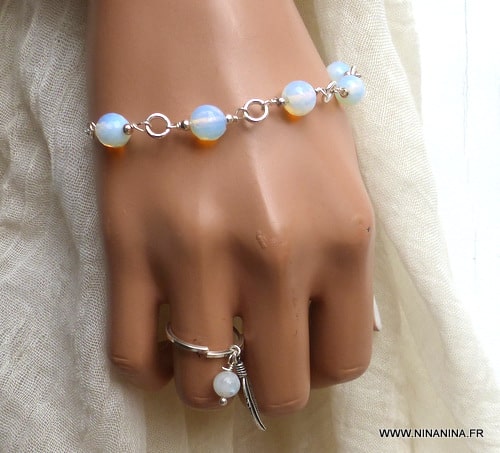 Bracelet Pierre de lune naturelle perles et argent 925 - Ninanina