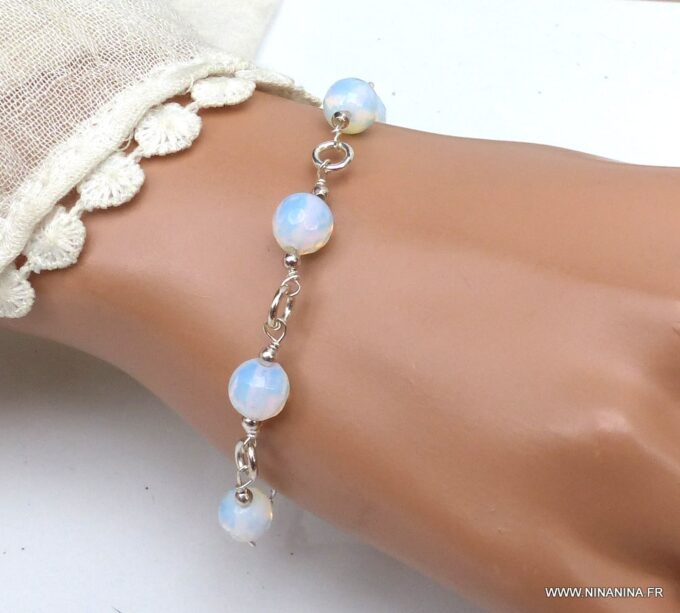 N5989b Bracelet femme perles à facettes pierre de lune argent 925 massif - Bijoux Bracelets en ligne ninanina