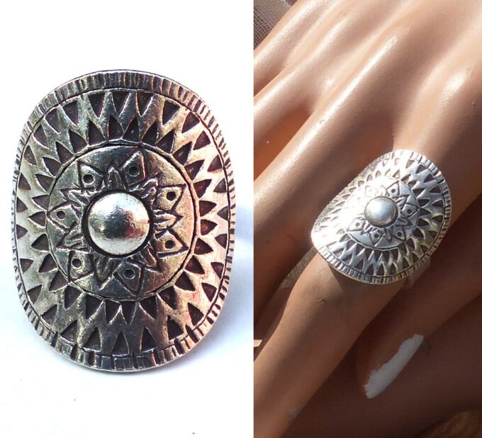 N5992 Bague large réglable ovale triangle fleurs argent massif 925 - Bijoux Bagues en ligne Ninanina