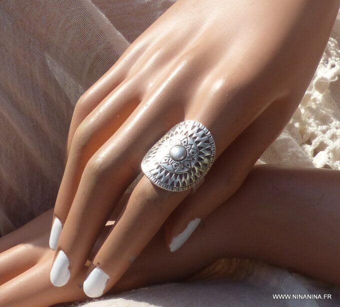 N5992a Bague large réglable ovale triangle fleurs argent massif 925 - Bijoux Bagues en ligne Ninanina