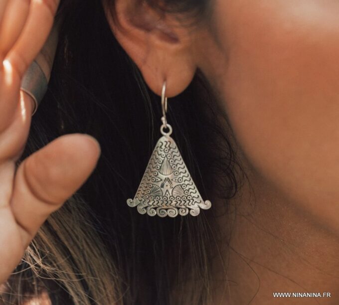 N5997a Boucles d'oreilles tribales boheme ethnique argent 950 massif - Bijoux Boucle en ligne Ninanina