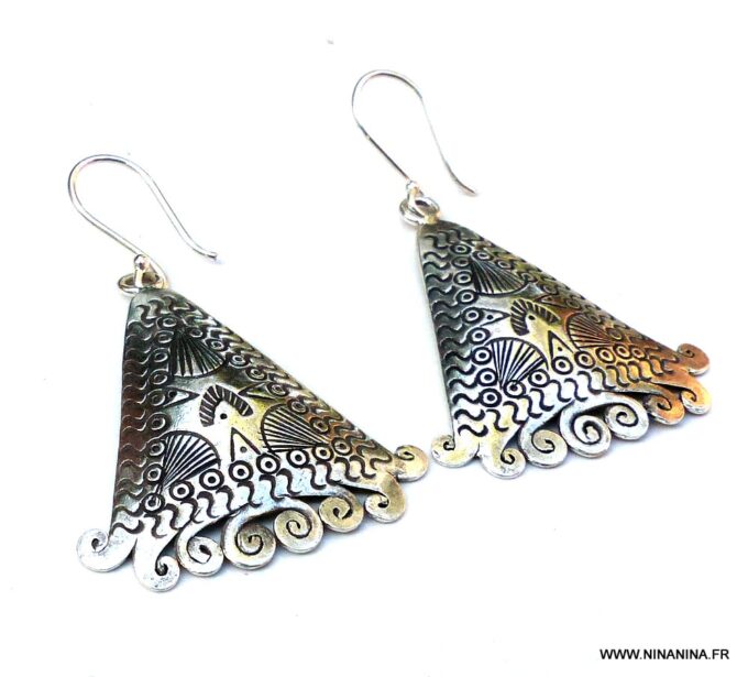 N5997b Boucles d'oreilles tribales boheme ethnique argent 925 massif - Bijoux Boucle en ligne Ninanina