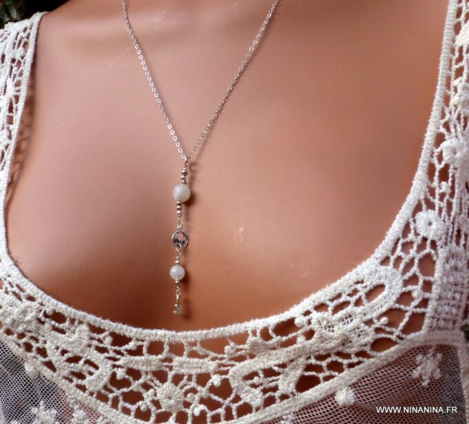 N6001b Collier chaine lasso pierres fines pierre de lune argent 925 massif - Bijoux Colliers en ligne ninanina