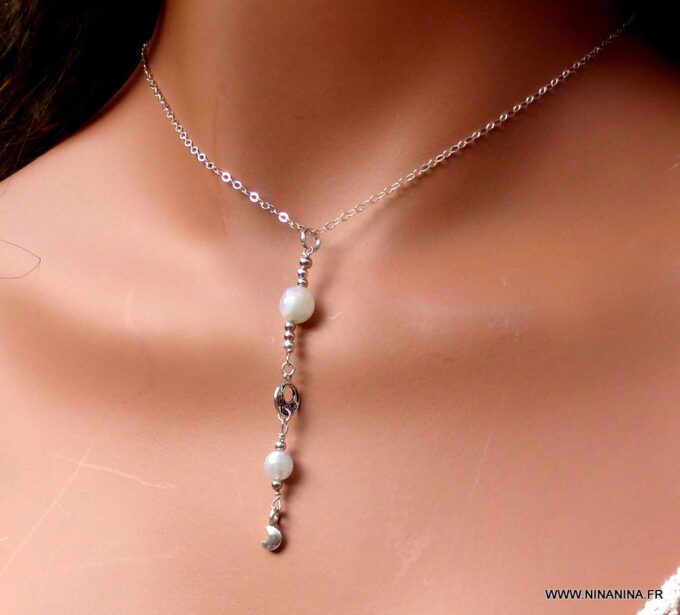 N6001c Collier chaine lasso pierres fines pierre de lune argent 925 massif - Bijoux Colliers en ligne ninanina