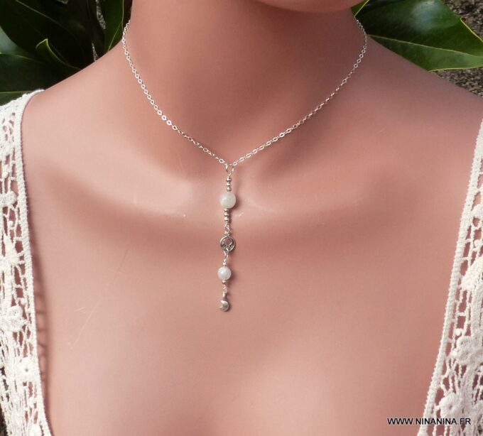N6001e Collier chaine lasso pierres fines pierre de lune argent 925 massif - Bijoux Colliers en ligne ninanina