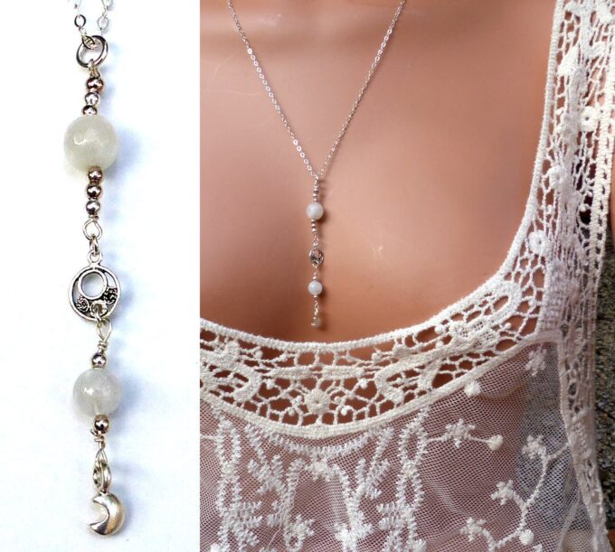 N6001f Collier chaine lasso pierres fines pierre de lune argent 925 massif - Bijoux Colliers en ligne ninanina