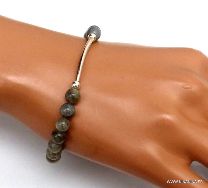 N6002w Bracelet perles pierres fines labradorite demi lune argent 925 massif - Bijoux Bracelets boheme en ligne ninanina