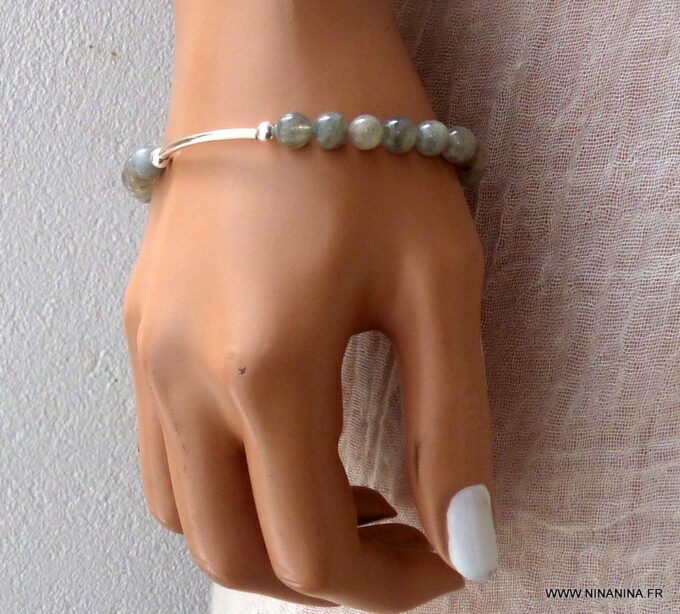 N6002z Bracelet perles pierres fines labradorite demi lune argent 925 massif - Bijoux Bracelets boheme en ligne ninanina