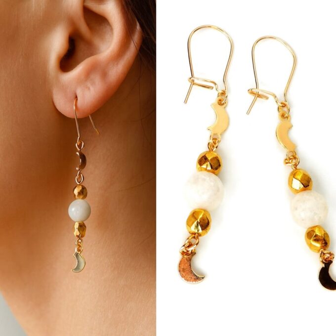 N6007 Boucle d'Oreilles Pierre De Lune Dormeuses Croissant De Lune En Plaqué Or Artisanales - Bijoux d'oreille en ligne Ninanina
