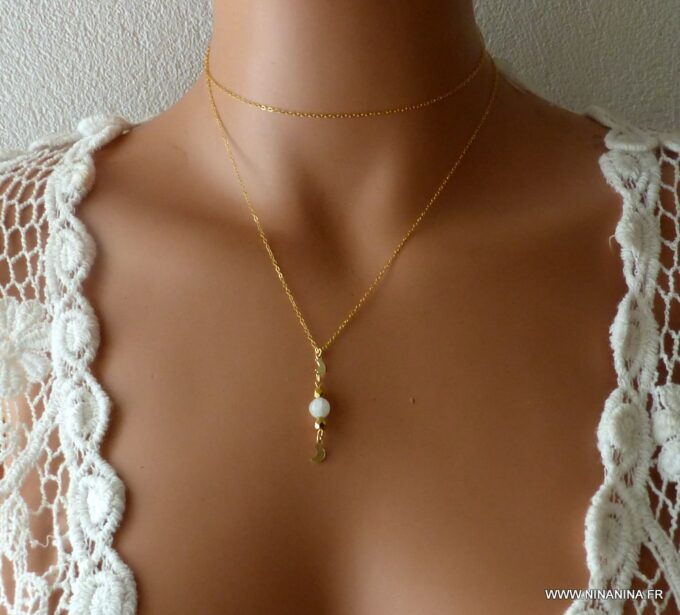 N6009b Collier long sautoir chaine pierres fines pierre de lune plaqué or - Bijoux Colliers boheme en ligne ninanina