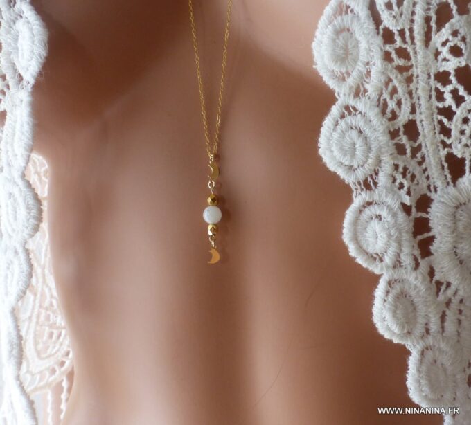 N6009d Collier long sautoir chaine pierres fines pierre de lune plaqué or - Bijoux Colliers boheme en ligne ninanina