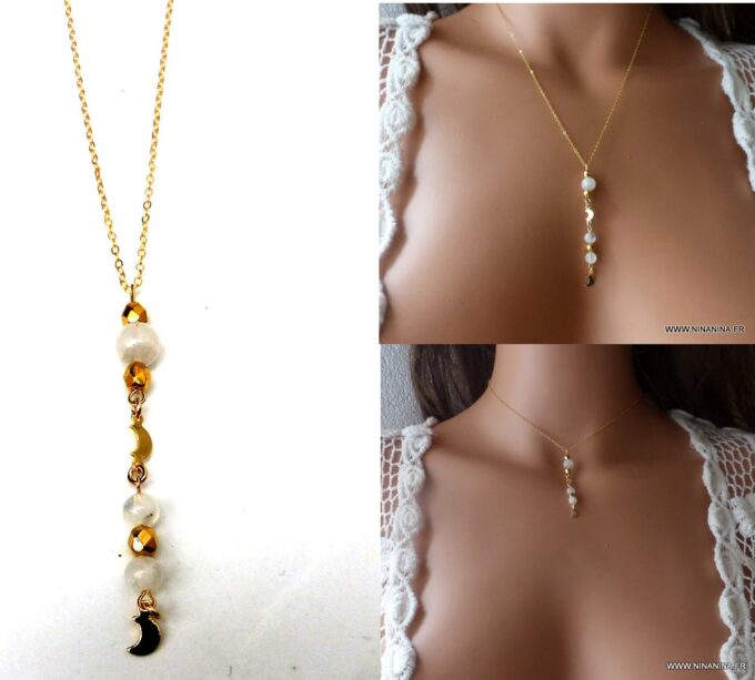 N6010 Collier lasso chaine pierres fines pierre de lune plaqué or - Bijoux Colliers boheme en ligne ninanina