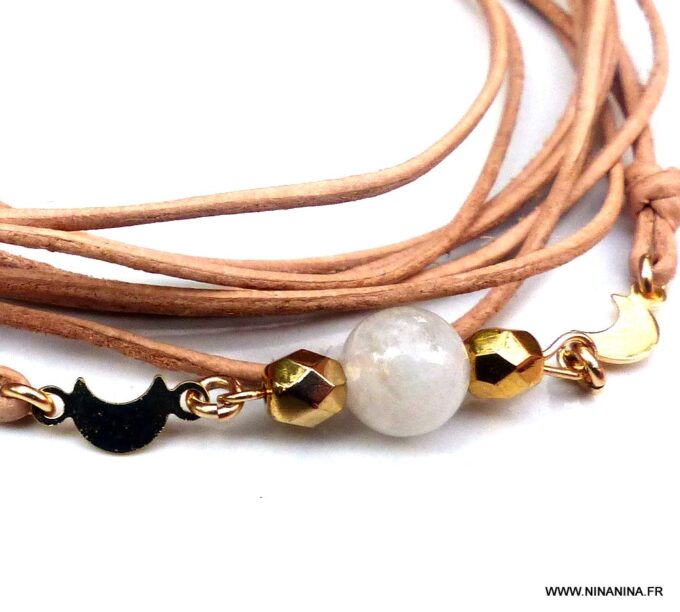 N6011a Bracelet de cheville cordon cuir pierres fines pierre de lune plaqué or - Bijoux Chaines en ligne Ninanina