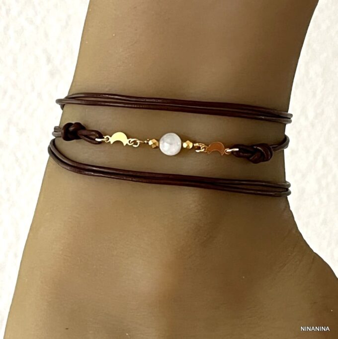 N6011a Chaine cheville cuir 3 tours pierre de lune Plaqué Or Faite main - Bijoux de pieds en ligne Ninanina