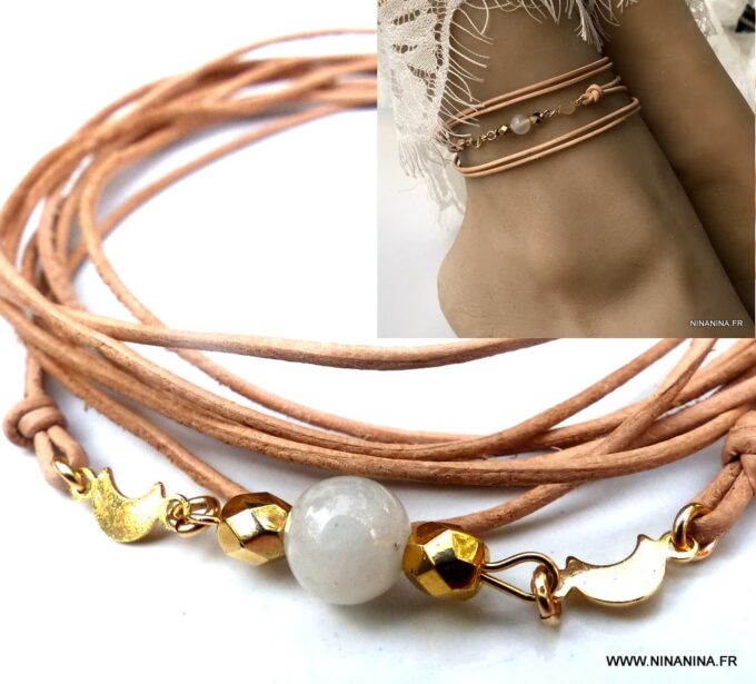 N6011d Chaine cheville cuir pierre de lune Plaqué Or femme - Bijoux Chaines de chevilles en ligne Ninanina