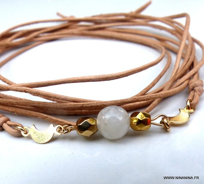 N6011e Bracelet de cheville cordon cuir pierres fines pierre de lune plaqué or - Bijoux Chaines en ligne Ninanina