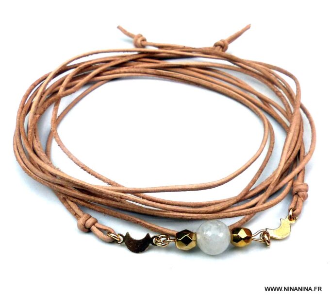 N6011g Bracelet de cheville cordon cuir pierres fines pierre de lune plaqué or - Bijoux Chaines en ligne Ninanina