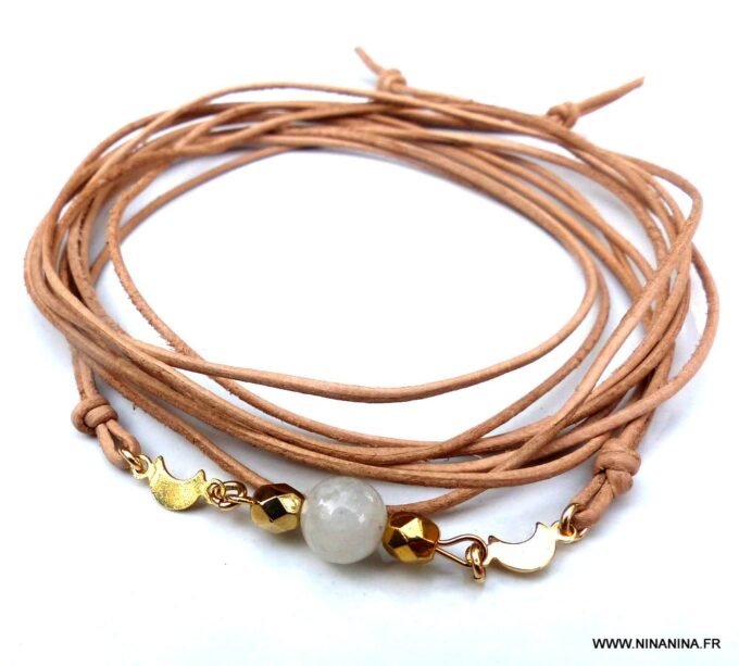 N6011i Bracelet de cheville cordon cuir pierres fines pierre de lune plaqué or - Bijoux Chaines en ligne Ninanina