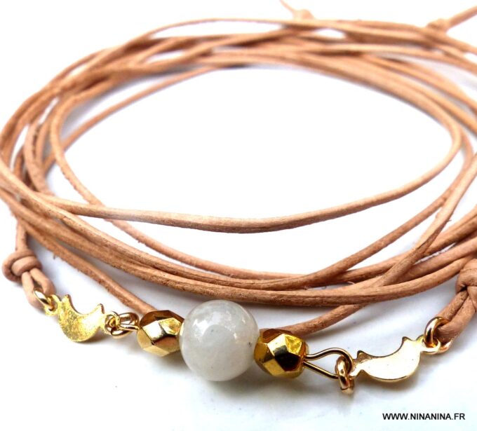 N6011k Bracelet de cheville cordon cuir pierres fines pierre de lune plaqué or - Bijoux Chaines en ligne Ninanina