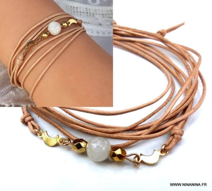 N6012a Bracelet artisanal femme multi tours cordon cuir avec Pierre de Lune véritable et Plaqué Or - Bijoux Bracelets en ligne Ninanina