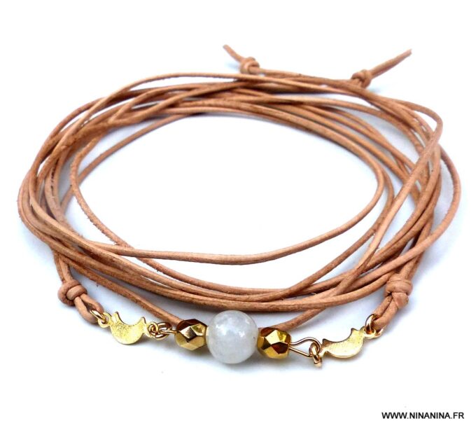 N6012a Bracelet cordon cuir pierres fines pierre de lune plaqué or - Bijoux Bracelets en ligne Ninanina