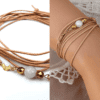 N6012b Bracelet artisanal femme multi tours cordon cuir avec Pierre de Lune véritable et Plaqué Or - Bijoux Bracelets en ligne Ninanina